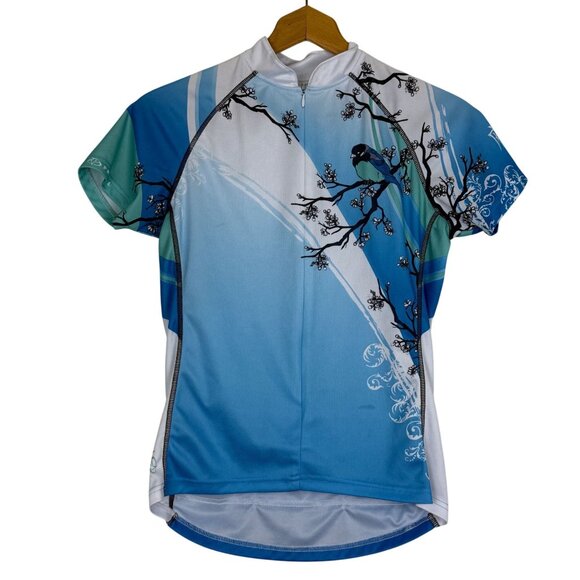 Primal Women's Cycling Jersey Small? Blue Birds Print Short Sleeve Back Pockets - Picture 1 of 11